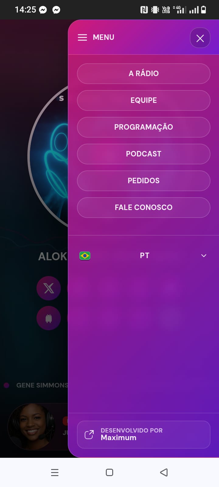App Micro Rádio - menu aberto